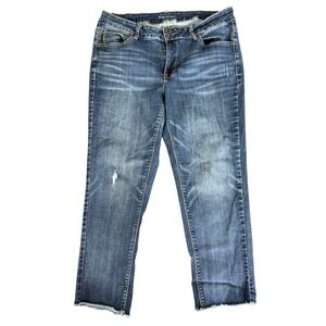 Maurices Womens 16W Medium Wash Distressed Straight Leg Jeans Raw Hem Stretch